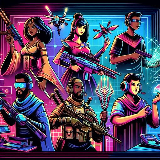 A dynamic and colorful illustration depicting various stylized characters inspired by gaming culture, each holding different weapons and displaying distinct personalities, set in a vibrant gaming environment.