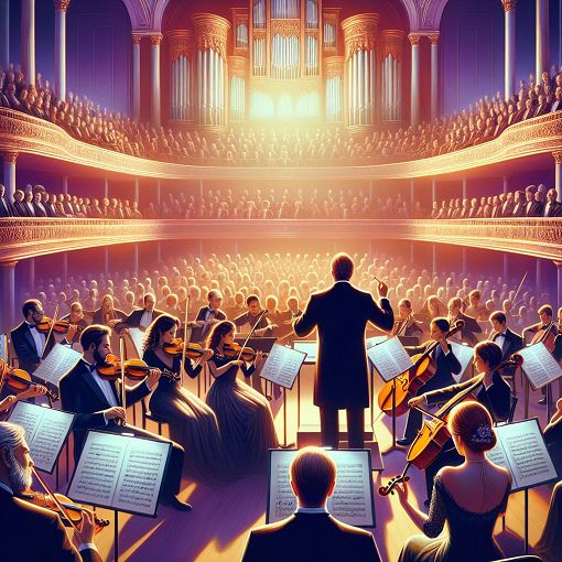 A vibrant and artistic representation of a classical music concert scene, featuring composers like Beethoven, a symphony orchestra, and classical instruments such as violins and harps, set in an elegant concert hall with a captivated audience.