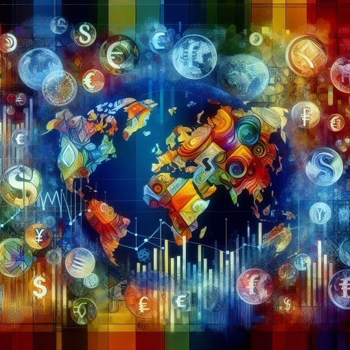 A colorful illustration depicting global currencies, financial graphs, and a world map symbolizing international economic relations and trade.