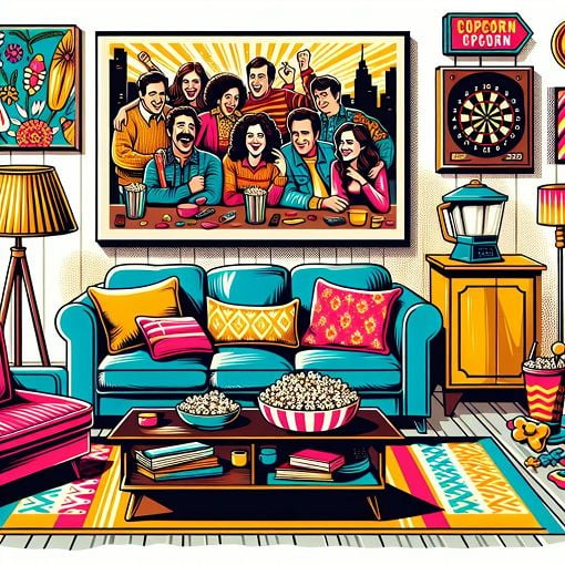 Create an illustration of a cozy living room with elements from New Girl, featuring a couch and colorful decor, including a poster of the New Girl cast and some iconic objects from the show, in a fun and playful style.