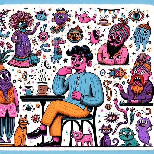 A whimsical and playful illustration of a person sitting at a café, surrounded by quirky creatures, with a curious cat nearby, vibrant colors, cartoon style