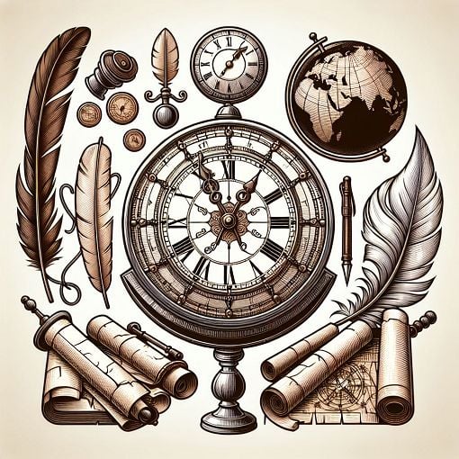 Create an image of an old-fashioned clock surrounded by historical artifacts like scrolls, quills, and globe maps, symbolizing the passage of time and significant events in history.