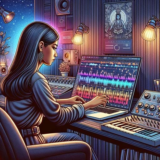 A visually appealing representation of a person working on a music production software with MIDI tracks and waveforms visible in the background, highlighting a creative studio environment.