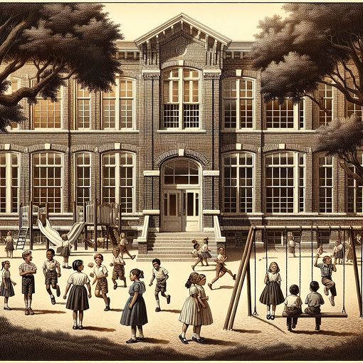 A historic school building with students playing outside, featuring trees and a playground, in a vibrant and inviting scene