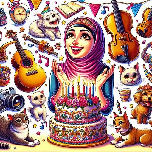 Create a colorful and vibrant illustration of a person surrounded by their favorite things, like birthday cakes, pets, and musical instruments, in a playful and whimsical style.