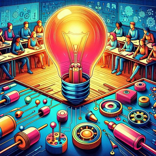 A vibrant illustration depicting electrical components like capacitors, switches, and circuits in a classroom setting with a light bulb glowing, emphasizing learning and engagement.