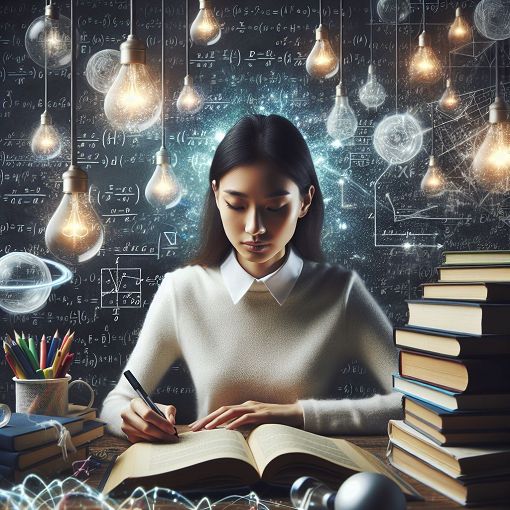 Create an image of a student studying physics, with books, a chalkboard filled with equations, and light bulbs representing ideas, in a bright and inspirational setting.