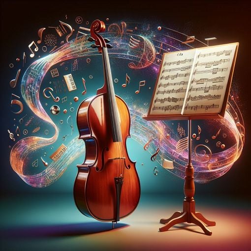 Create an image of a cello, sheet music, and music notes in a bright, engaging environment that invites learning about cello theory.