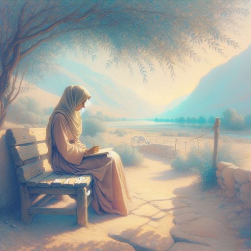 A serene landscape with a person sitting on a bench, reflecting and journaling, conveying a sense of calmness and introspection, pastel colors