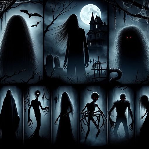 A dark, moody illustration featuring various creepypasta characters in a shadowy environment, with an ominous atmosphere and hints of horror elements.