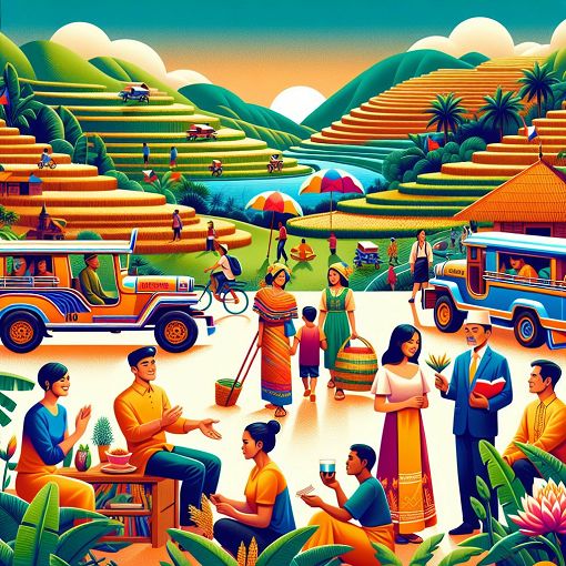 A colorful illustration of Filipino culture, including traditional elements like jeepneys, rice terraces, and tropical landscapes, with people engaging in conversations and learning together.