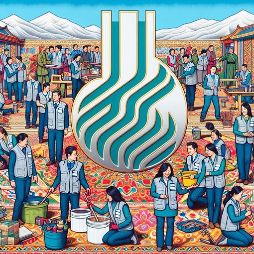 Create an engaging and vibrant image that showcases the JCI ?????? organization's logo, members participating in community service, and a backdrop of Mongolian cultural elements.
