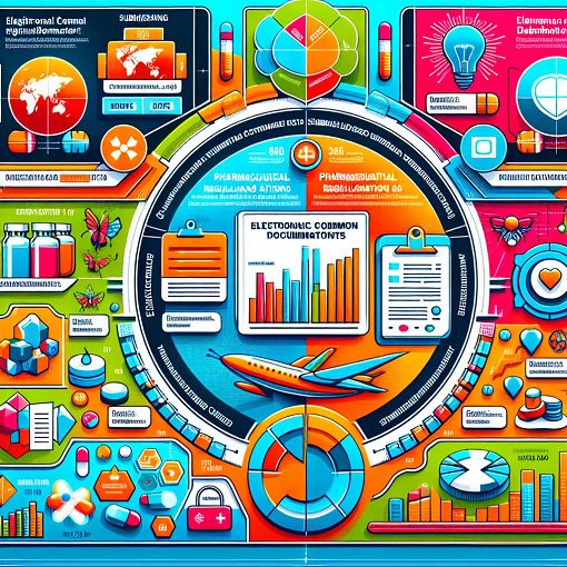 A detailed and visually engaging infographic representing pharmaceutical regulations and submission processes in publishing databases, featuring colorful charts, icons for various countries, and elements related to eCTD submissions.