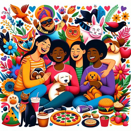 A colorful and fun illustration of friends together, surrounded by elements representing favorite things like animals, colors, and food.