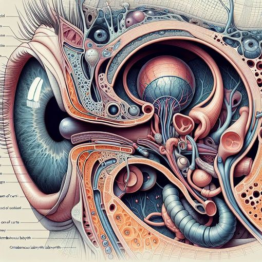 A detailed illustration of the anatomy of the human eye and ear, highlighting different structures such as the uvea, organ of Corti, and membranous labyrinth, with a scientific and educational focus.