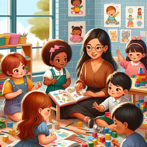 A vibrant and engaging classroom scene with diverse children participating in various learning activities, emphasizing early childhood education and development.