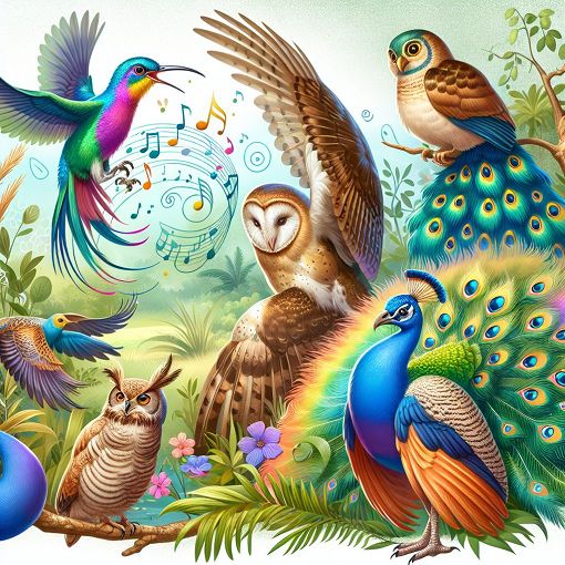 A colorful illustration of various birds such as a hummingbird, owl, peacock, and a dodo in a nature setting, with musical notes and feathers floating around