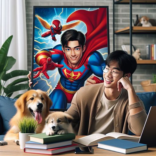 Create an engaging, colorful and playful graphic depicting a young person surrounded by their favorite things, such as a Spider-Man poster, dogs, books, and a computer, in a cozy room setting.