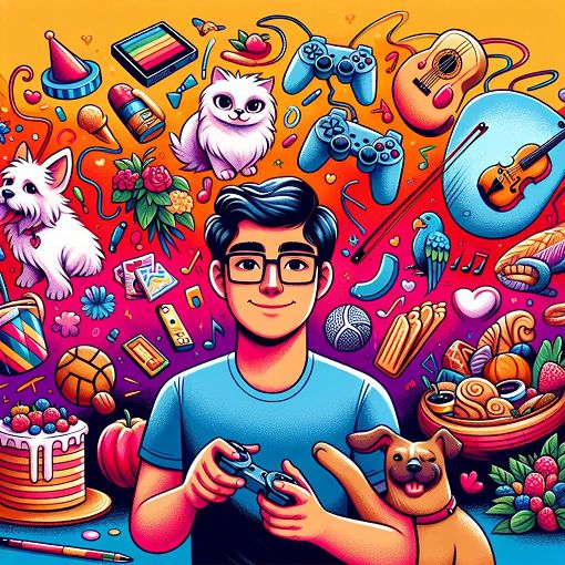 A vibrant and playful illustration of a young man surrounded by various elements that represent his interests, such as video games, animals, music instruments, and food, all set in a colorful, inviting background.