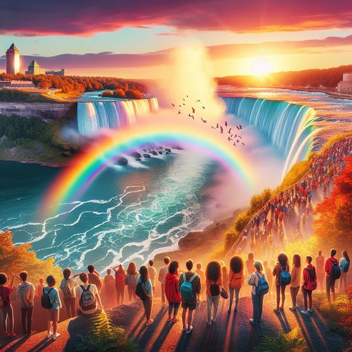 A beautiful panoramic view of Niagara Falls during sunset, with a rainbow arching over the falls, displaying vibrant colors and people enjoying the scenery.