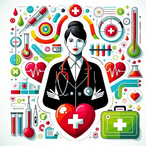 An educational illustration featuring a healthcare professional with a stethoscope, surrounded by medical symbols such as a heart, first aid kit, and thermometer, in a clean and vibrant design.