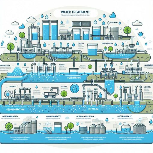 A detailed infographic depicting various water treatment processes like sedimentation, coagulation, and filtration, with a focus on groundwater and environmental sustainability.