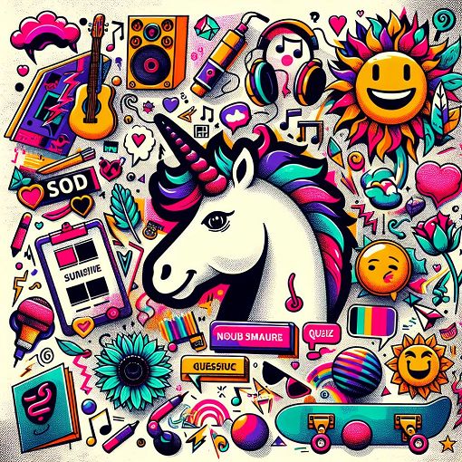 Generate an image of a whimsical, colorful collage featuring symbols of youth culture, references to pop music, quirky characters, and symbols of Zodiac signs, embodying a fun and casual quiz atmosphere.