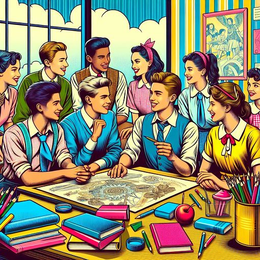 A nostalgic school scene with students reminiscing about their school days, colorful and engaging atmosphere, bright and cheerful design.