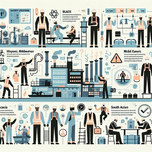 A detailed infographic depicting workplace safety statistics and practices, featuring diverse workers engaged in safe practices and modern safety equipment in an industrial setting.