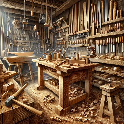 A detailed wooden workshop scene with various types of wood and tools, highlighting both hardwood and softwood species, with a focus on woodworking techniques.