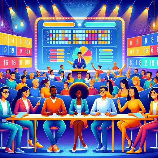 A bright and colorful illustration of a quiz night scene, featuring a diverse group of people gathered around a table with quiz sheets and a digital scoreboard, all engaged and excited.