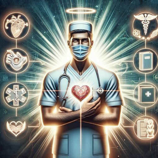 A detailed and engaging illustration of a nurse demonstrating ethical practices in healthcare, surrounded by symbols of care, dedication, and professionalism.