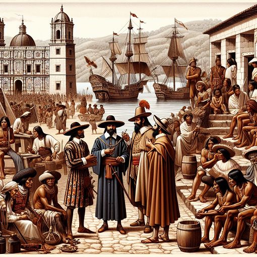 Create an illustration depicting historical scenes of New Spain, showcasing landmarks, key figures like Antonio de Mendoza, and aspects of Indigenous culture and Spanish colonization.