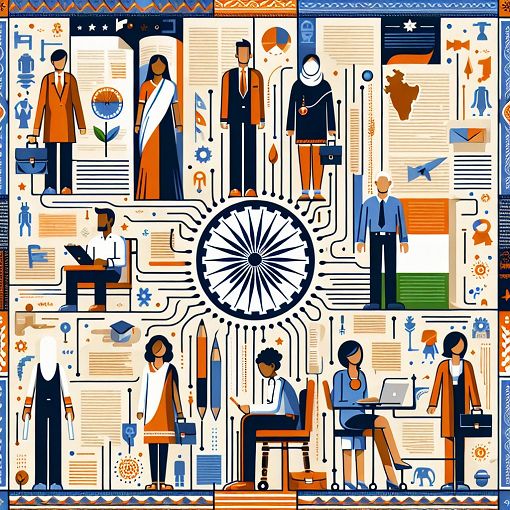 A visually engaging infographic-style image representing the Indian Constitution, featuring iconic symbols like the Ashoka Chakra, constitution text, and diverse people representing unity and democracy.