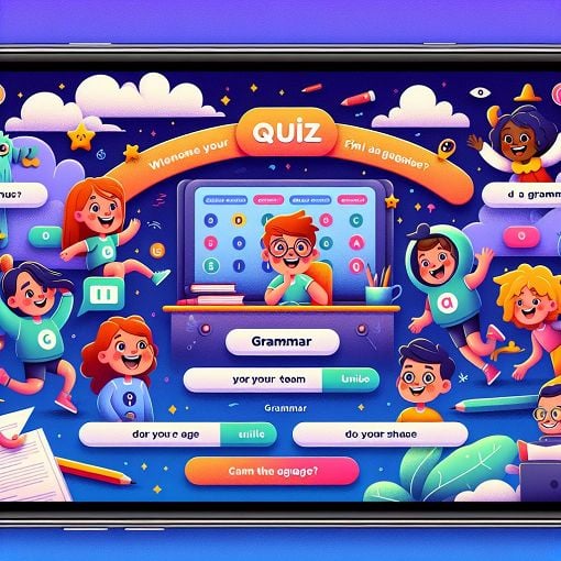 An interactive quiz interface with cartoon characters and grammar questions, colorful design, engaging layout