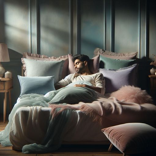 A serene bedroom scene depicting a person peacefully sleeping, surrounded by soft pillows and calming colors, with a gentle night light illuminating the room.