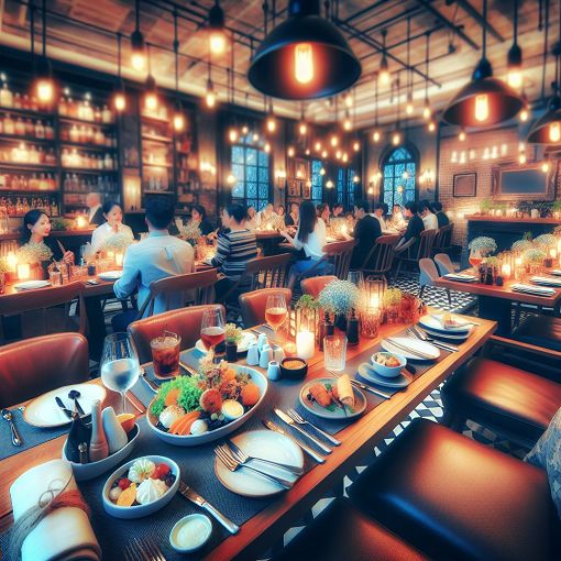 A cozy diner setting with a beautifully arranged table featuring various dishes, drinks, and a welcoming atmosphere, emphasizing the friendly and vibrant vibe of a bustling restaurant.