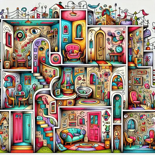 A whimsical illustration of a BDSM-themed house with various rooms representing different kinks, with playful and colorful designs.