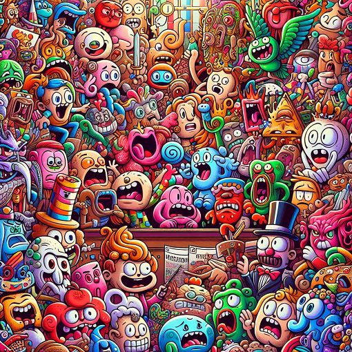 A colorful illustration showing various emotions represented by expressive cartoon characters in a vibrant setting.