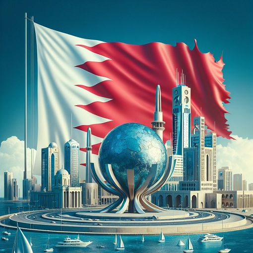 A digital depiction of Bahrain's flag alongside iconic landmarks such as the Pearl Roundabout and the Bahrain National Museum, with a blue sky and a silhouette of the city skyline in the background.