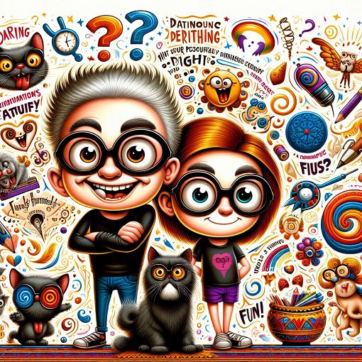 A whimsical and colorful illustration of two cartoon characters, one mischievous and wild, the other quirky and silly, surrounded by funny quotes and playful icons like question marks, a cat, and whimsical decorations.