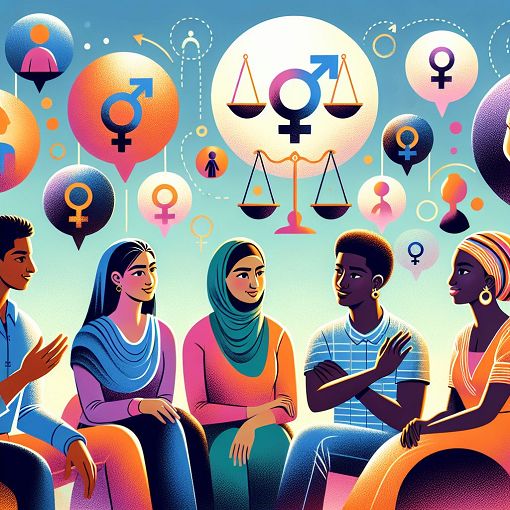 An informative and engaging illustration showing diverse individuals discussing gender equality, with visual symbols of equality and diversity like gender symbols and balancing scales.