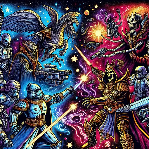 A vibrant illustration featuring iconic Star Wars characters such as Jedi, Sith, and droids in an epic space battle, with stars and galaxies in the background.