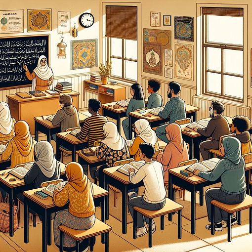 an illustration depicting a classroom setting with students engaged in learning about Islamic practices and prayer