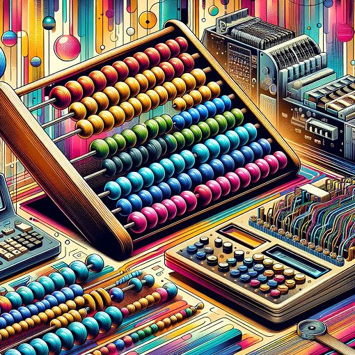 A colorful illustration depicting historical calculating devices like an abacus, Napier's Bones, and the first computers, with a vibrant background to capture interest.