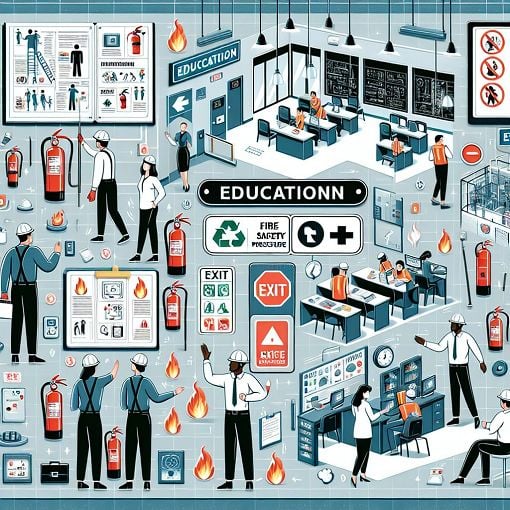 Create an engaging and informative image depicting a workplace safety and health environment, highlighting emergency procedures, fire safety equipment, and personal protective equipment (PPE).