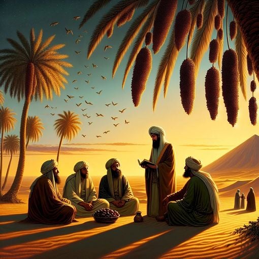 A serene illustration depicting early Islamic history featuring companions of the Prophet Muhammad, with elements of peace, kindness, and spirituality