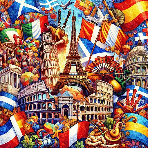 A vibrant collage of European landmarks, cultures, and flags, showcasing the diversity of Europe