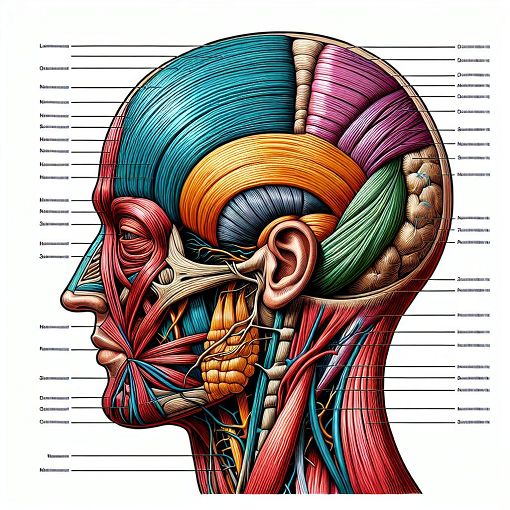 A detailed anatomical illustration of the scalp showing layers, muscles, nerves, and blood vessels, with labeled structures and a color-coded representation.