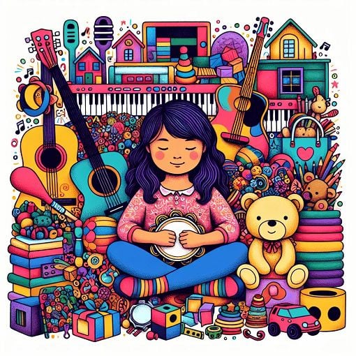 A colorful, fun illustration of a young girl surrounded by her favorite things, such as musical instruments, toys, and books, in a vibrant and playful setting.